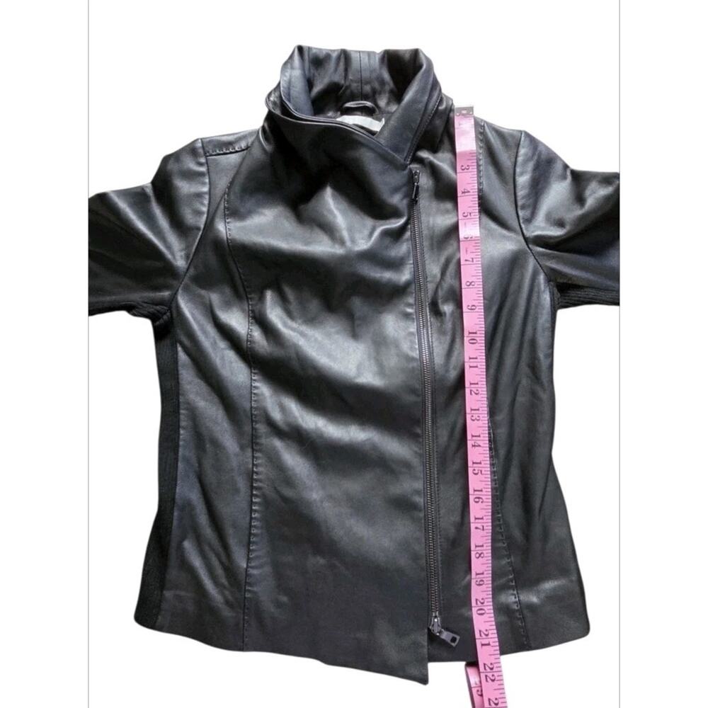Vince Black Lamb Leather Asymmetrical Scuba Moto Jacket Ribbed Knit Panels Sz M - Picture 8 of 8